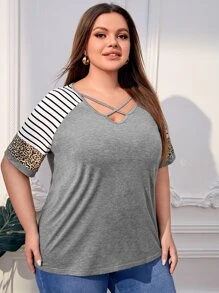 SHEIN LUNE Plus Stripe & Leopard Print Criss Cross Raglan Sleeve Tee - Grey - View 4