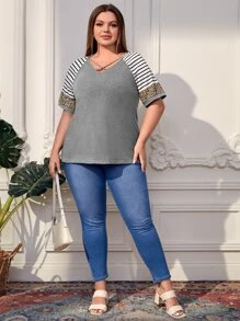 SHEIN LUNE Plus Stripe & Leopard Print Criss Cross Raglan Sleeve Tee - Grey - View 5