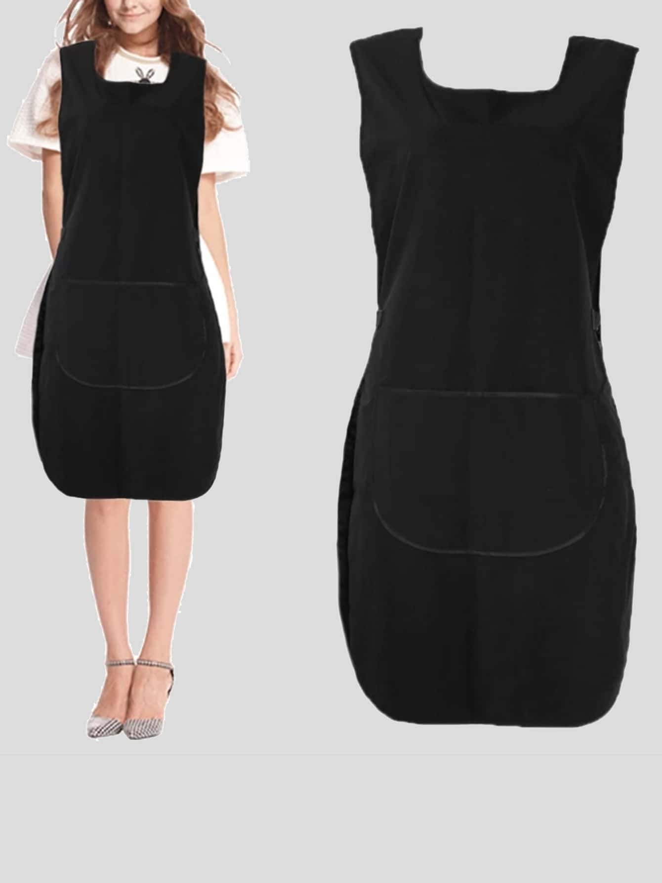 1pc Solid Color Apron, Double Side Black Apron For Kitchen,Kitchen