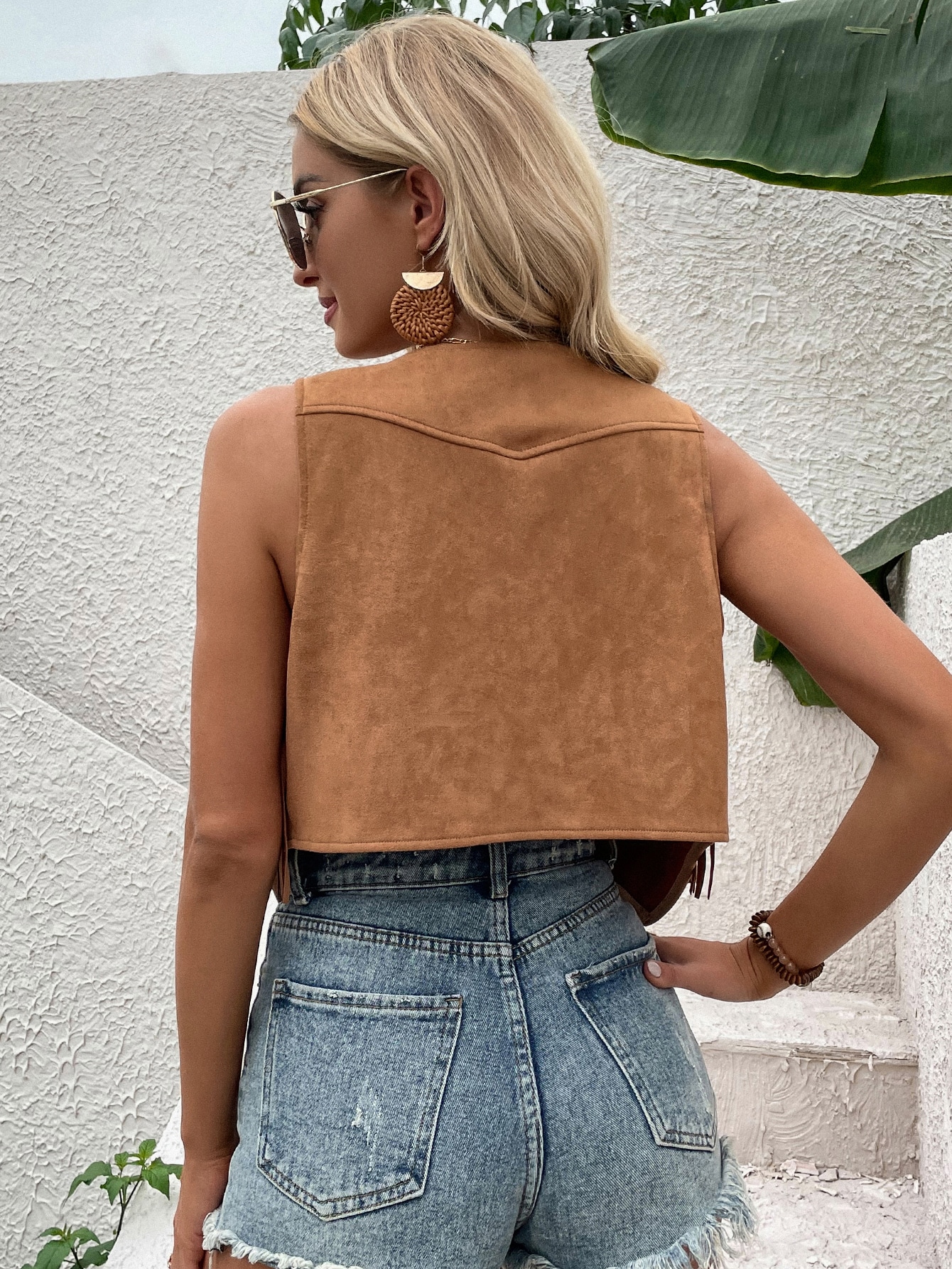 SHEIN LUNE Fringe Detail Snap Button Front Suedette Vest Jacket SHEIN USA