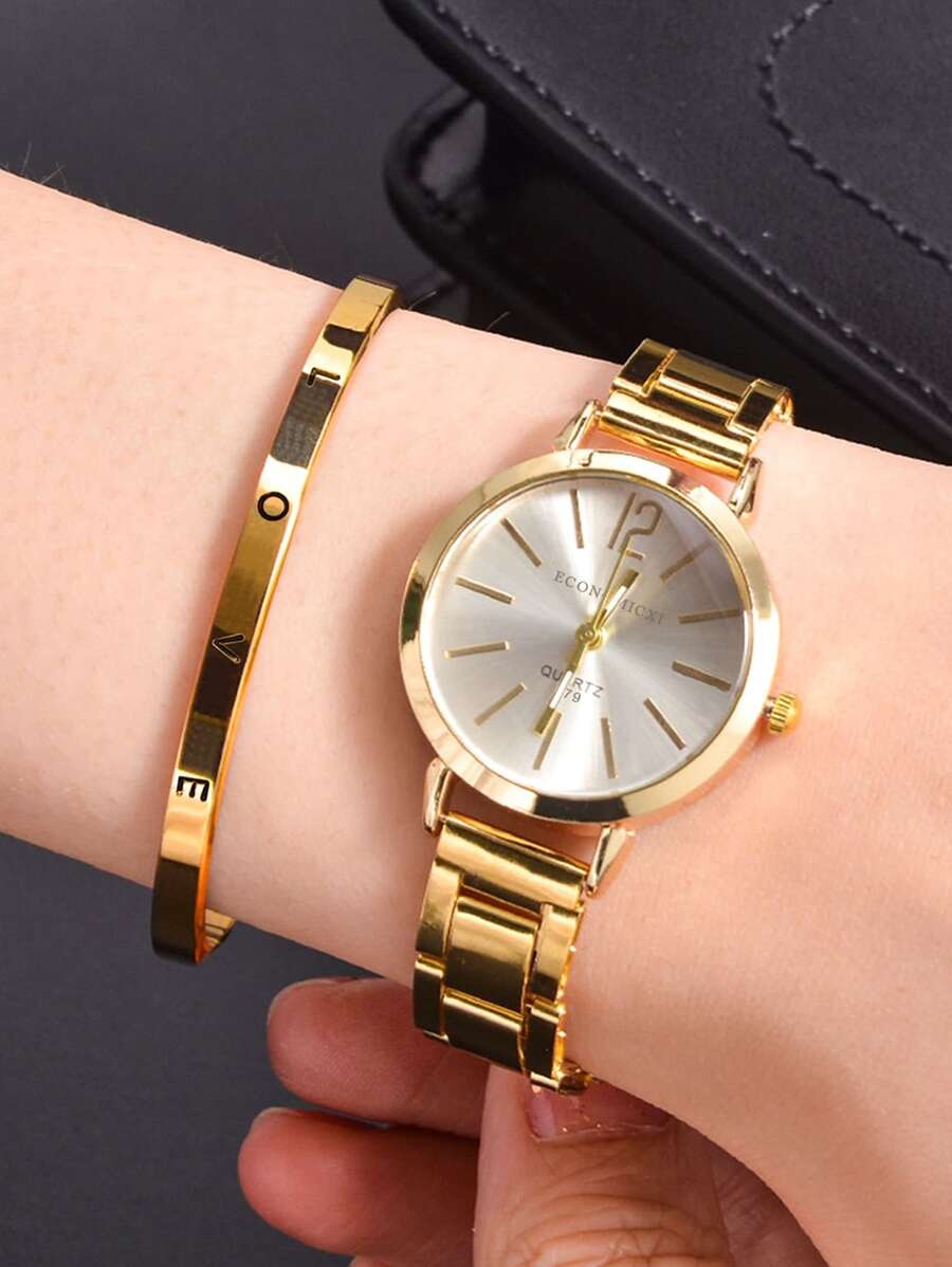 1入組極簡風格石英表和1入組手環 - 金色 - 查看 1