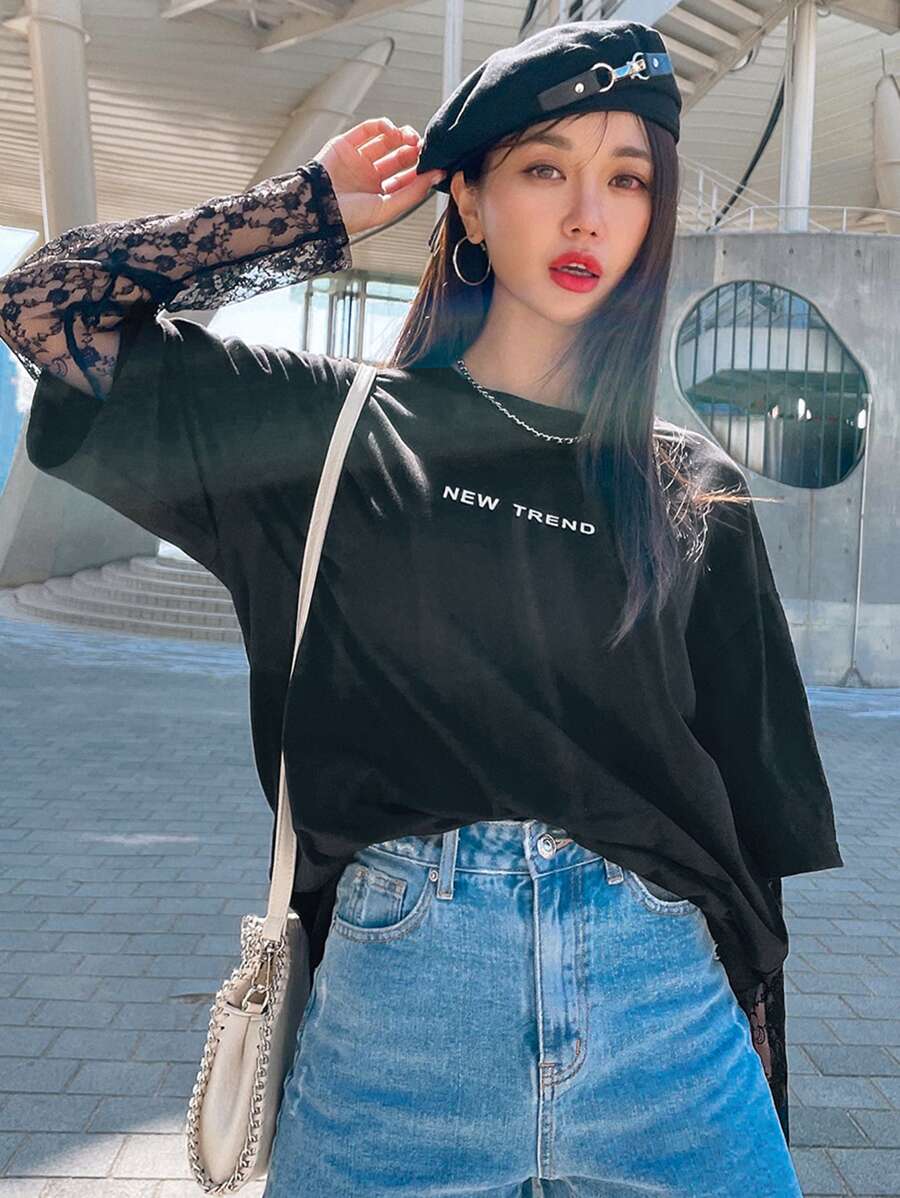DAZY Letter Graphic Contrast Lace Sleeve Drop Shoulder Tee - Black - View 1