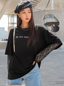 DAZY Letter Graphic Contrast Lace Sleeve Drop Shoulder Tee - Black - View 3