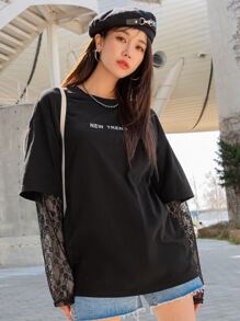 DAZY Letter Graphic Contrast Lace Sleeve Drop Shoulder Tee - Black - View 4