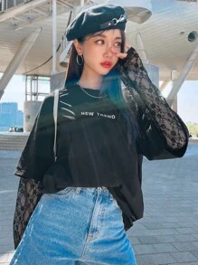 DAZY Letter Graphic Contrast Lace Sleeve Drop Shoulder Tee - Black - View 6