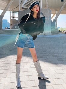 DAZY Letter Graphic Contrast Lace Sleeve Drop Shoulder Tee - Black - View 7