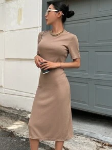 DAZY Solid Rib-Knit Split Hem Dress - Khaki - View 2