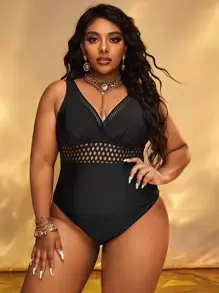 SHEIN Swim Curve Plus Hollow Out One Piece Swimsuit, For Summer Beach Vacation - Black - View 1