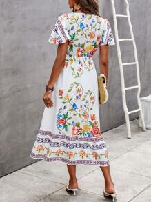 SHEIN VCAY 印花交叉領蝴蝶袖前繫帶洋裝 - 白色 - 查看 2