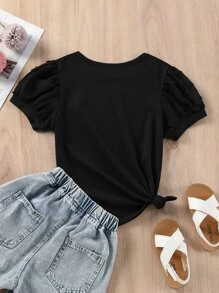 SHEIN Tween Girl Round Neck Puff Short Sleeve T-Shirt, Elegant Style, Everyday Casual Party Tee - Black - View 2