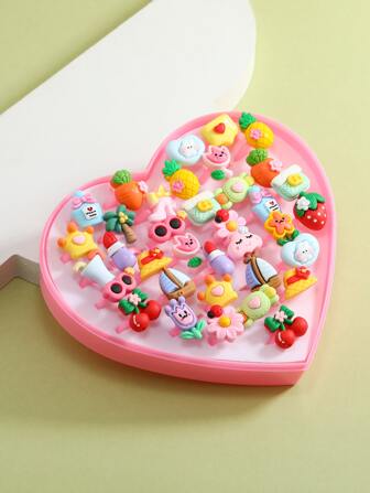 36入組女孩隨機卡通花朵裝飾戒指