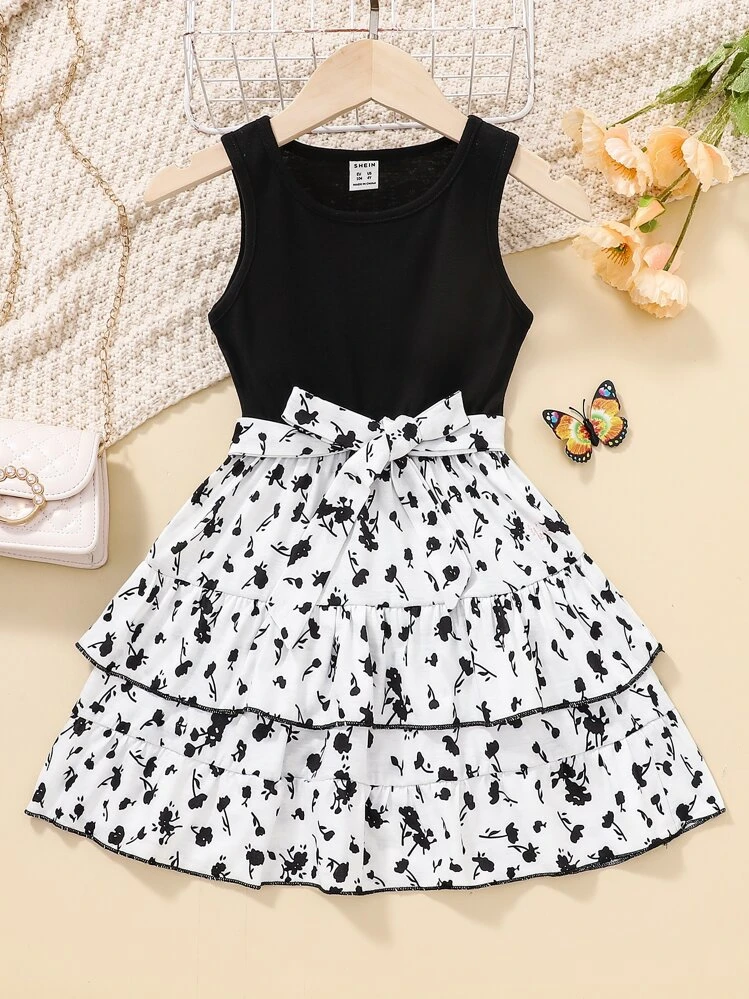 SHEIN Niñas Vestido con cinturón con estampado floral bajo a capas - Blanco y Negro - Ver 1