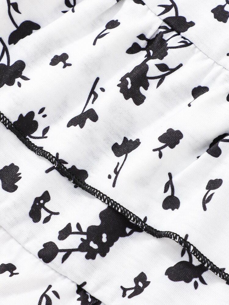 SHEIN Niñas Vestido con cinturón con estampado floral bajo a capas - Blanco y Negro - Ver 4
