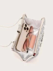 LETODE BAG Jewelry Glamorous Glitter Bling, Sequin, Luxury, Shiny Mini Gemstone & Rhinestone Decor Chain Box Bag, Perfect Bride Purse For Wedding, Prom & Party Events Evening Bag, Dinner Bag For Party Girl, For Women, Rookies & White-Collar Workers,For Lady,For Female Shiny Lipsticks,For Dinner/Banquet,For Prom - Silver - View 2