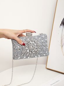 LETODE BAG Jewelry Glamorous Glitter Bling, Sequin, Luxury, Shiny Mini Gemstone & Rhinestone Decor Chain Box Bag, Perfect Bride Purse For Wedding, Prom & Party Events Evening Bag, Dinner Bag For Party Girl, For Women, Rookies & White-Collar Workers,For Lady,For Female Shiny Lipsticks,For Dinner/Banquet,For Prom - Silver - View 3