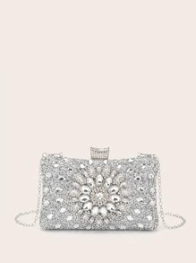 LETODE BAG Jewelry Glamorous Glitter Bling, Sequin, Luxury, Shiny Mini Gemstone & Rhinestone Decor Chain Box Bag, Perfect Bride Purse For Wedding, Prom & Party Events Evening Bag, Dinner Bag For Party Girl, For Women, Rookies & White-Collar Workers,For Lady,For Female Shiny Lipsticks,For Dinner/Banquet,For Prom - Silver - View 4