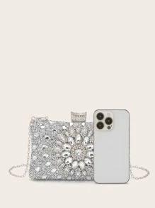 LETODE BAG Jewelry Glamorous Glitter Bling, Sequin, Luxury, Shiny Mini Gemstone & Rhinestone Decor Chain Box Bag, Perfect Bride Purse For Wedding, Prom & Party Events Evening Bag, Dinner Bag For Party Girl, For Women, Rookies & White-Collar Workers,For Lady,For Female Shiny Lipsticks,For Dinner/Banquet,For Prom - Silver - View 7