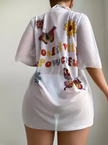 Butterfly & Slogan Graphic Mesh Cover Up - White - View 1