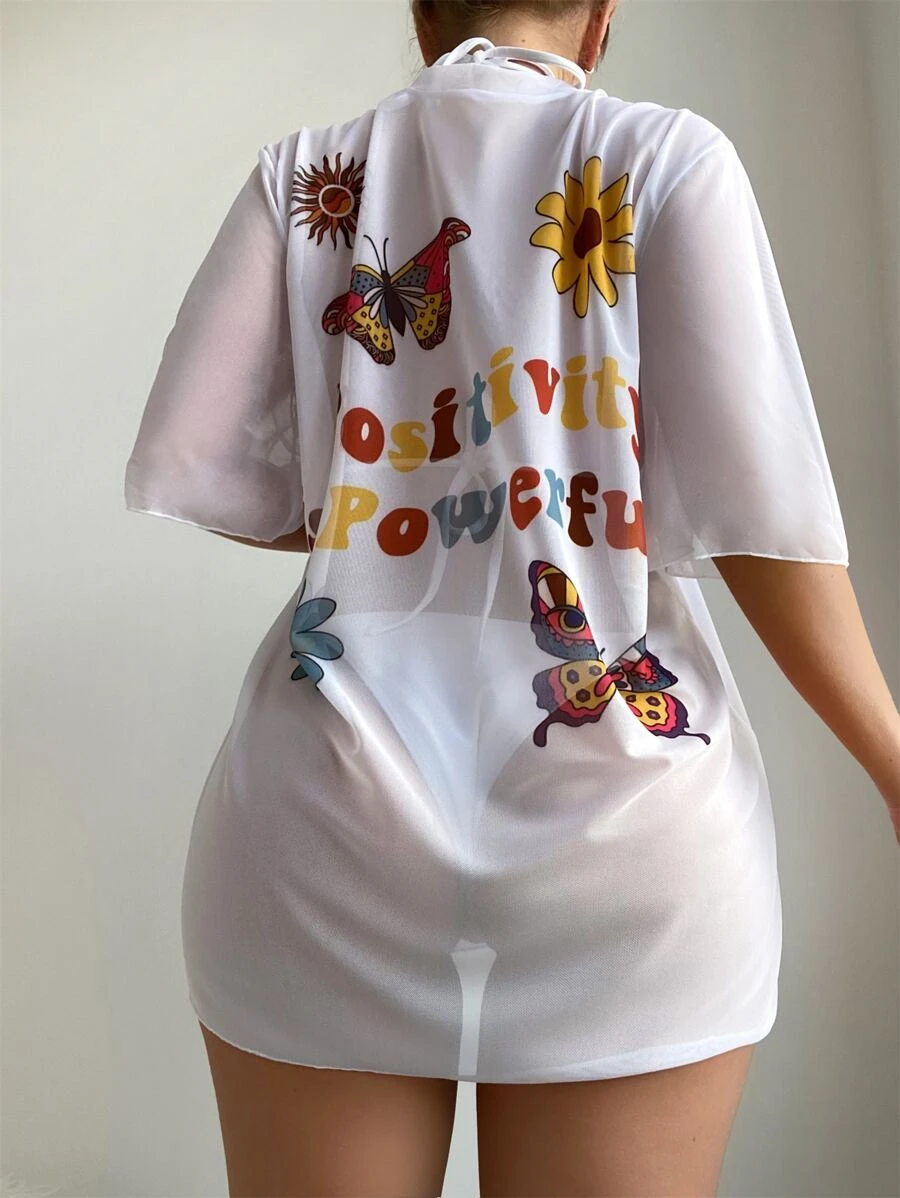 Butterfly & Slogan Graphic Mesh Cover Up - White - View 1