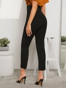 SHEIN Privé High Waist Button Front Skinny Trousers - Black - View 2