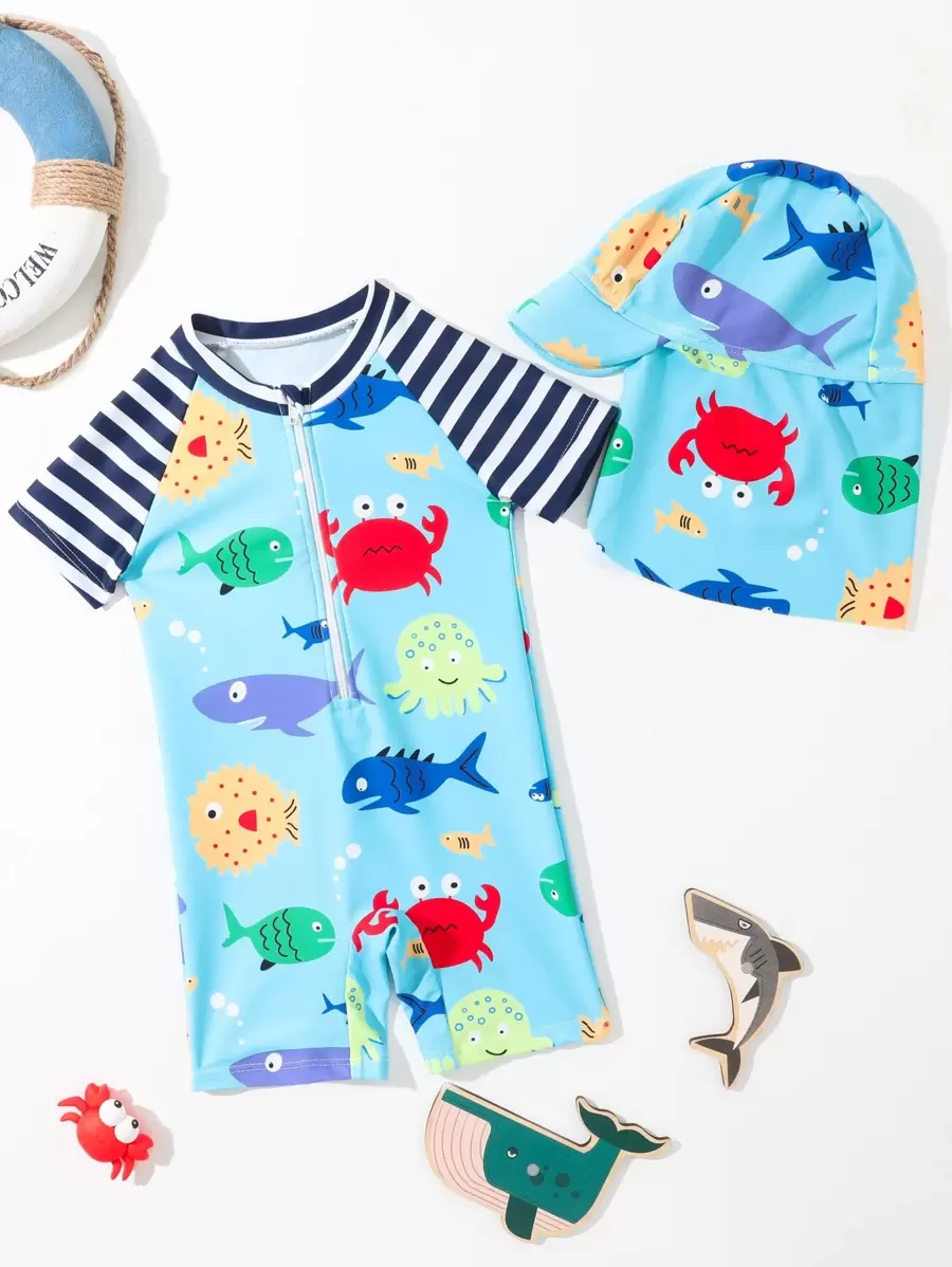 Baby Boy Random Cartoon Graphic One Piece Swimsuit With Swimming Cap - Blue - View 1