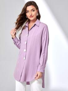 Mulvari Button Front High Low Drop Shoulder Blouse - Lilac Purple - View 6