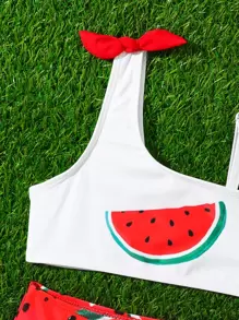 Young Girl Watermelon Print Bow Asymmetrical Neck Ruffle Trim Bikini Set Summer Beach
