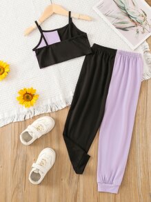 SHEIN 小女童蝴蝶圖案撞色吊帶上衣和運動褲 - 彩色 - 查看 2