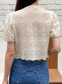 DAZY 女式扇贝边泡泡袖蕾丝衬衫、短款上衣 - 米色 - 查看 2