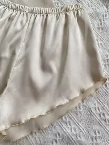 系带肩部生菜边缎面吊带背心和短裤睡衣套装/睡衣套装 - 香檳色 - 查看 5