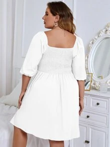 Vestido con fruncido de cuello cuadrado - Blanco - Ver 2