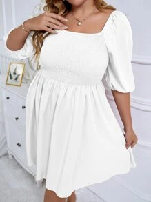 Vestido con fruncido de cuello cuadrado - Blanco - Ver 3