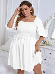 Vestido con fruncido de cuello cuadrado - Blanco - Ver 5