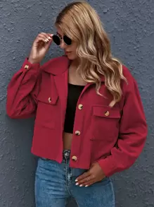 SHEIN Essnce Cazadora corta con botón delantero con parche de bolsillo - Rosa Roja - Ver 1
