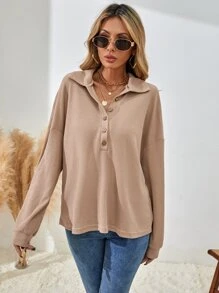 SHEIN LUNE Half Button Drop Shoulder Tee Fall Cloth For Women - Khaki - View 3