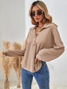 SHEIN LUNE Half Button Drop Shoulder Tee Fall Cloth For Women - Khaki - View 4