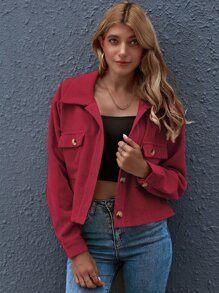 SHEIN Essnce Cazadora corta con botón delantero con parche de bolsillo - Rosa Roja - Ver 3