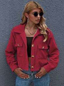 SHEIN Essnce Cazadora corta con botón delantero con parche de bolsillo - Rosa Roja - Ver 4