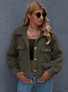 SHEIN Essnce Cazadora corta con botón delantero con parche de bolsillo - Verde militar - Ver 3