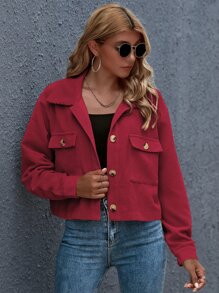 SHEIN Essnce Cazadora corta con botón delantero con parche de bolsillo - Rosa Roja - Ver 5