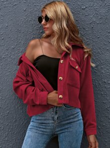 SHEIN Essnce Cazadora corta con botón delantero con parche de bolsillo - Rosa Roja - Ver 6