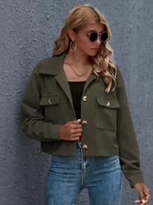 SHEIN Essnce Cazadora corta con botón delantero con parche de bolsillo - Verde militar - Ver 5