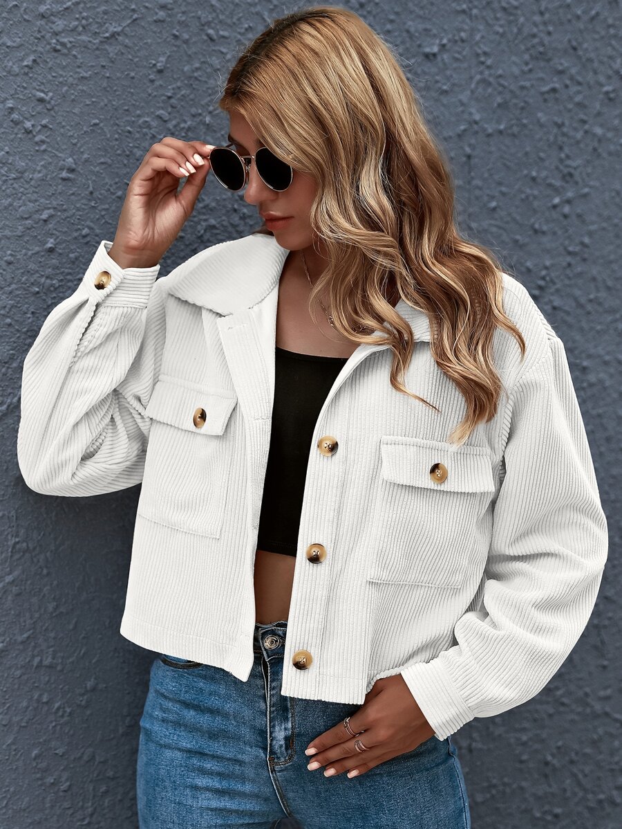 SHEIN Essnce Cazadora corta con botón delantero con parche de bolsillo - Blanco - Ver 1