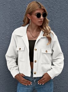 SHEIN Essnce Cazadora corta con botón delantero con parche de bolsillo - Blanco - Ver 3