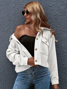 SHEIN Essnce Cazadora corta con botón delantero con parche de bolsillo - Blanco - Ver 6