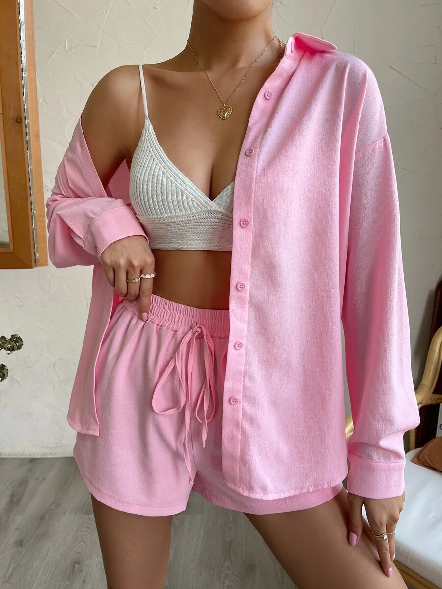 Flirla Drop Shoulder Blouse & Tie Waist Shorts
