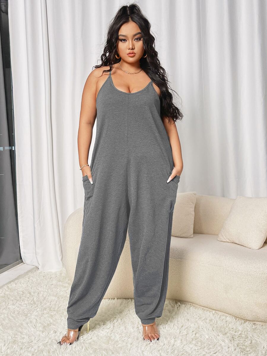 SHEIN Essnce Mono de tirantes suelto con doble bolsillos - Gris - Ver 1