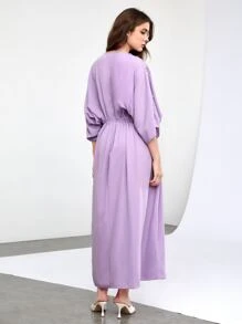 Al Najma Contrast Lace Batwing Sleeve Drawstring Waist Kaftan Dress - Lilac Purple - View 2