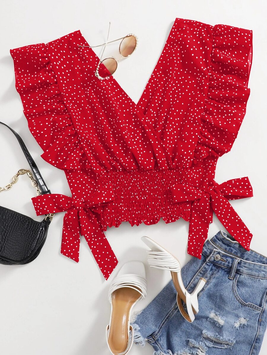 Áo sơ mi Plus Size Thắt nút Xù Trọn gói Dải chun Chấm bi Boho - Đỏ - Xem 1