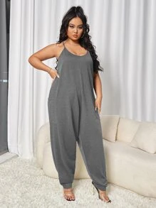 SHEIN Essnce Mono de tirantes suelto con doble bolsillos - Gris - Ver 4
